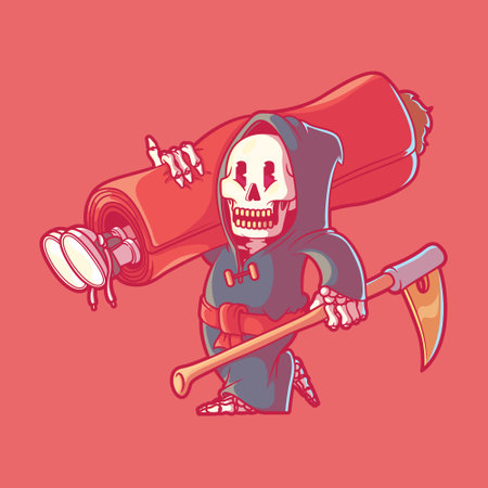 Reaper character holding a rug with a person inside vector illustration. Brand, logo, funny design concept.のイラスト素材