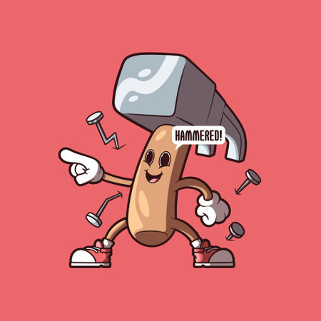 Hammer character hammering some nails vector illustration. Working, tool, funny design concept.のイラスト素材