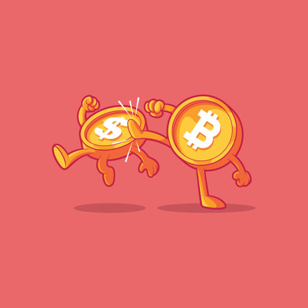 Crypto coin fighting a money coin vector illustration. Finance, cryptocurrency, economy design concept.のイラスト素材