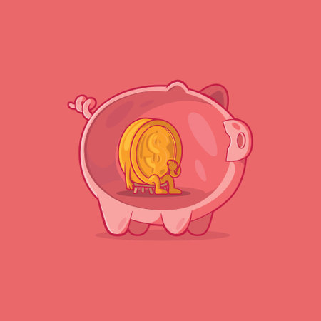 Lonely coin character inside a piggy bank vector illustration. Finance, funny, inflation design concept.のイラスト素材