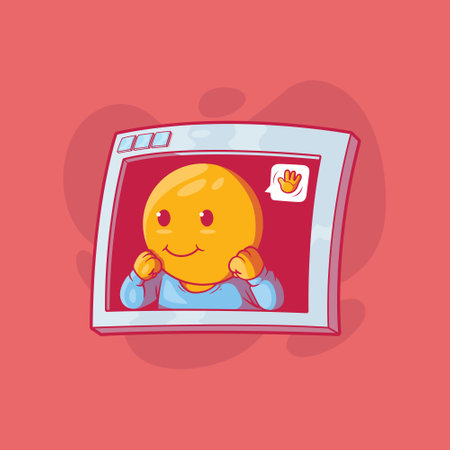 Cute emoji character on a computer window vector illustration. Tech, communication, social design concept.のイラスト素材
