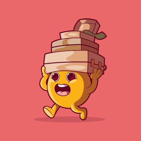 An Emoji character carrying suitcases on his head vector illustration. Traveling and sharing design concepts.のイラスト素材
