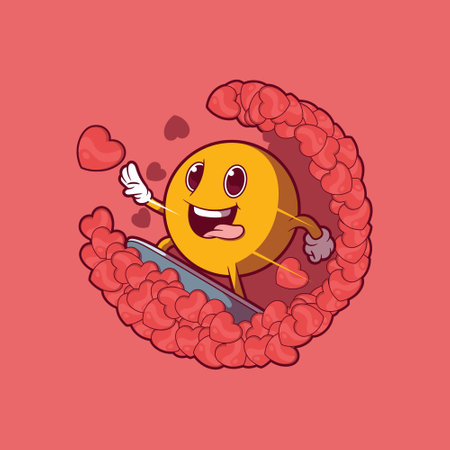 An Emoji character surfing a wave of hearts vector illustration. Love, funny, sports design concept.のイラスト素材