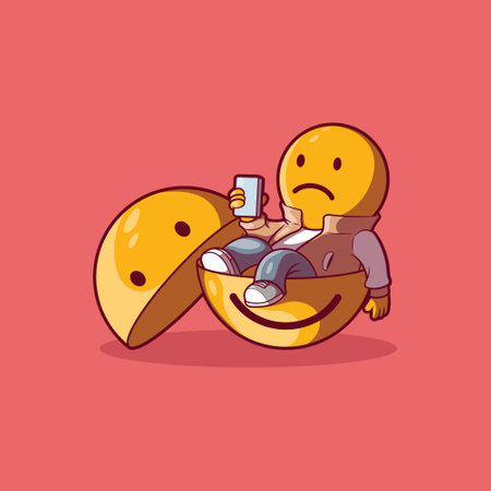 Sad Emoji character sitting looking at the phone vector illustration. Emotion, sharing, social media design concept.のイラスト素材