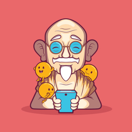 A character using a phone with emojis by his side vector illustration. Tech, games, communication design concept.のイラスト素材