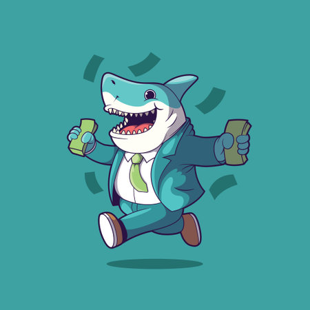 Shark character in a suit running with money vector illustration. Politics, corruption, funny design concept.のイラスト素材