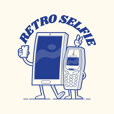 Modern and vintage phones taking a selfie vector illustration. Technology, sharing, friendship design concept.のイラスト素材
