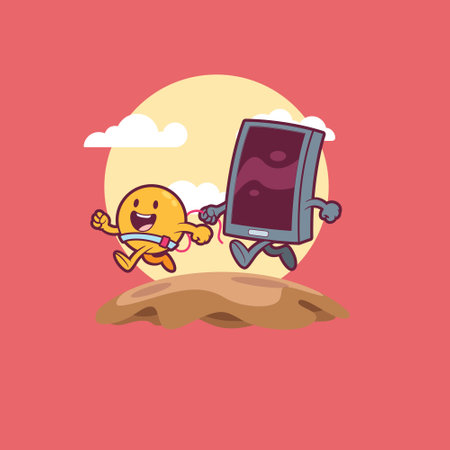 Smartphone walking an emoji smiling vector illustration. Tech, communication, funny design concept.のイラスト素材