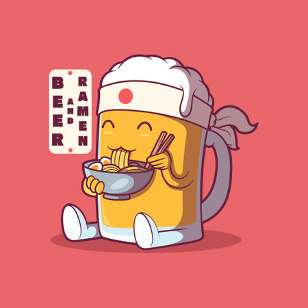 Beer character eating a ramen bowl vector illustration. Food, drinks, brand design concept.のイラスト素材