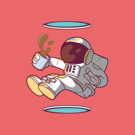 Astronaut holding a coffee cup between blue holes vector illustration. Tech design concept.のイラスト素材