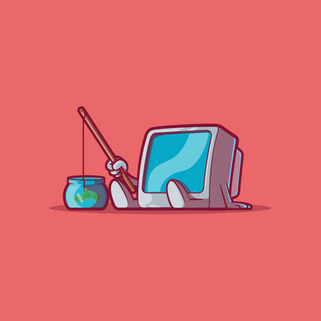 Computer monitor fishing money on a fish bowl vector illustration. Tech, finance, motivation design concept.のイラスト素材