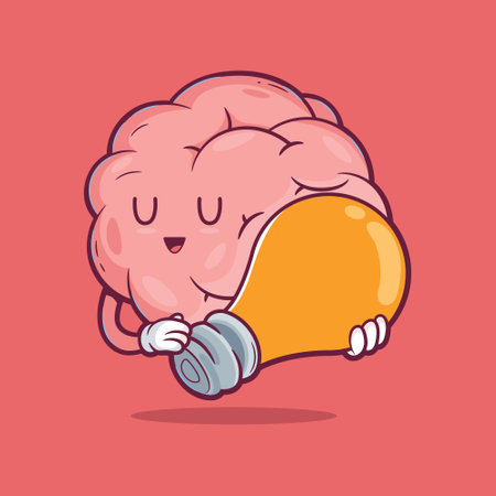 Brain character holding a light bulb vector illustration. Imagination, intelligence design concept.のイラスト素材