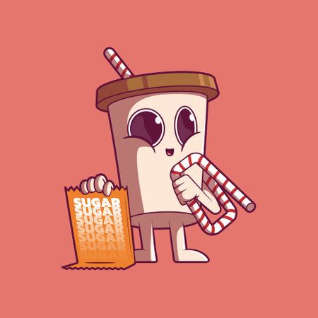 Coffee cup character holding a straw vector illustration. Energy, drinks design concept.のイラスト素材