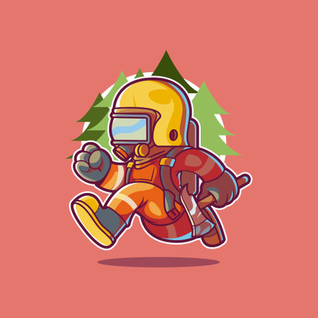 A Fireman character is running with a forest in the background vector illustration. Protection, mascot design concept.のイラスト素材