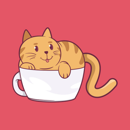 A Cute Cat Character inside a cup of tea vector illustration. Pen, mascot design concept.のイラスト素材