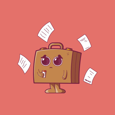 A Business suitcase character holding a coffee vector illustration. Mascot, business design concept.のイラスト素材