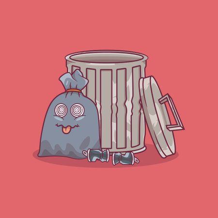 Garbage Can with a garbage bag character vector illustration. Object, trash design concept.のイラスト素材