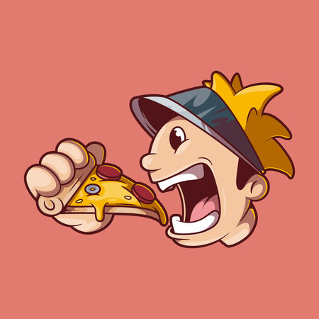 Character Holding Pizza Slice with Mouth Open vector illustration. Food, mascot design concept.のイラスト素材