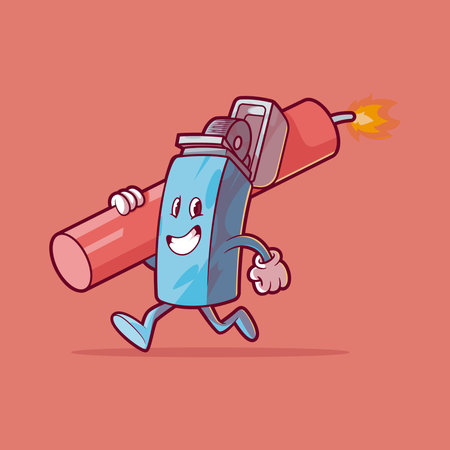 Smiling Lighter Character Running with Flaming Dynamite vector illustration. Mascot, brand design concept.のイラスト素材