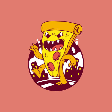 Colorful Pizza Monster with City Background vector illustration. Food, mascot design concept.のイラスト素材
