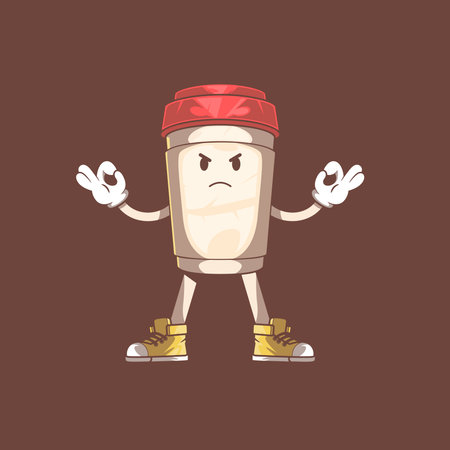 Angry Coffee Cup Character Meditating to Relax vector illustration. Drink, mascot design concept.のイラスト素材