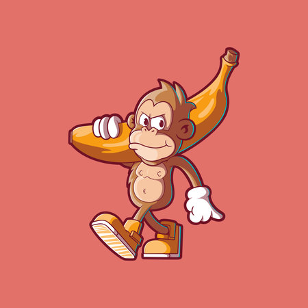 Smiling Monkey Mascot Walking with a Big Banana vector illustration. Mascot, food design concept.のイラスト素材
