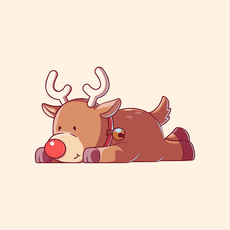 Relaxed Rudolf Reindeer on the Ground, Cute Christmas Mascot vector illustration. Holidays, seasonal design concept.のイラスト素材