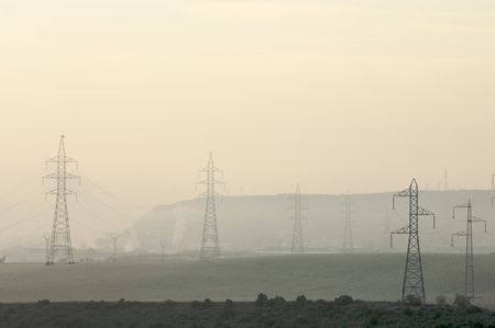 power lines in the fogの写真素材