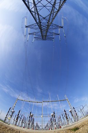 High tension electrical tower and high-voltage substationの写真素材