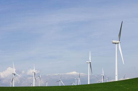 modern windmills in a green meadow