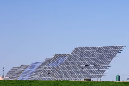 solar panels group with blue and clear sky