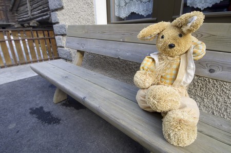 stuffed animal sitting on a bench in the village of Zermatt, Alps, Switzerland