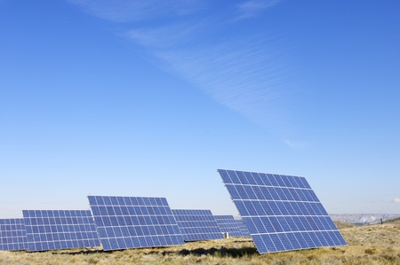 Panoramic view of a solar field to power production in Mediana de Aragon, Saragossa, Aragon, Spain