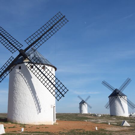 group of  traditional windmills in Campo de Criptana, Ciudad Real, Castilla La Mancha, Spainの写真素材