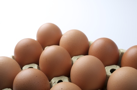 Close up of a dozen eggs with white background