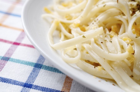 closeup of a  plate of pasta on a checkered tablecloth