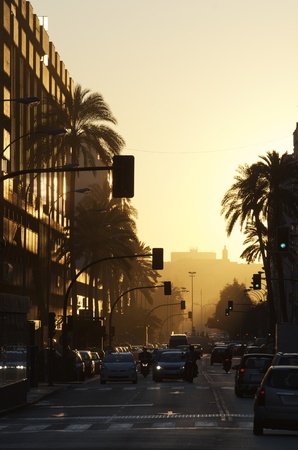 traffic  in the city of Valencia, Spain, at sunsetの写真素材