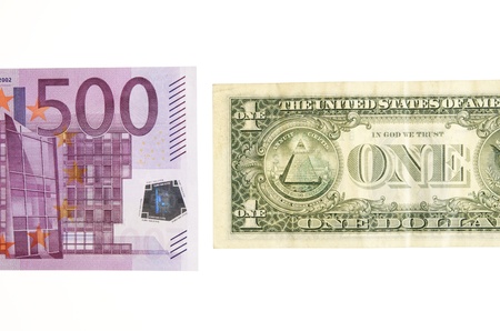one dollar bill in front of a 500 euro banknote