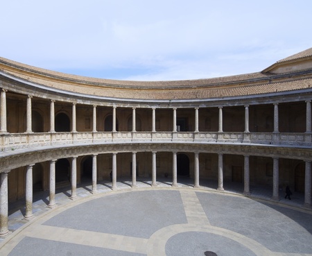 view of the  circular courtyard in the palace of Carlos V, Alhambra, Granada, Andalucia, Spainのeditorial素材