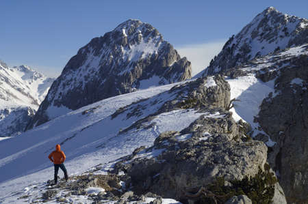 mountaineer  against Foratata peak in Tena Valley, Huesca, Pyrenees, Aragon, Spainのeditorial素材