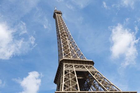 View of the Eiffel Tower with blue sky and white clouds, Paris, Franceの写真素材