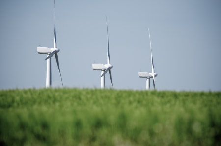 aligned windmills for renowable electric production, Pozuelo de Aragon, Saragossa province, Aragon,...