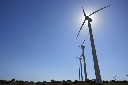 silhouette of a group of windmills for renewable electric energy production