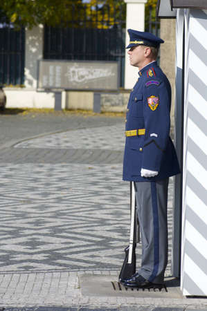 Prague, Czech Republic - October 12, 2008: A guard stands motionless at the entrance to Prague Castle, along with daily change of guard, this is one of the shows most popular with touristsのeditorial素材