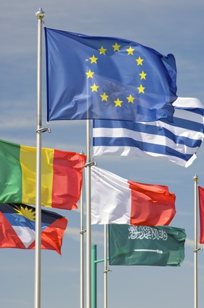 set of european union flags and various countries