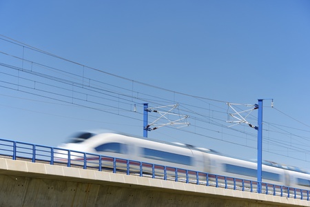 view of a high-speed train crossing a viaduct in El Burgo de Ebro, Saragossa, Aragon, Spain  AVE...