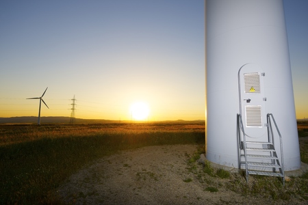 windmills for electric power production at sunset, Gurrea de Gallego, Huesca, Aragon, Spainの写真素材