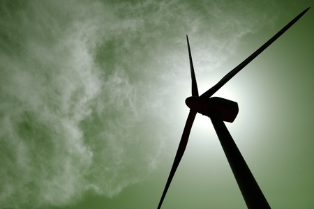 Windmill for electric power production at sunset, Zaragoza Province, Aragon, Spain