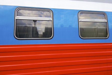 Old wagon and windows in transmongolian trainの写真素材