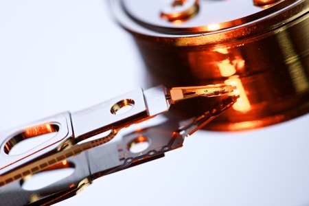 Closeup of an open computer hard drive